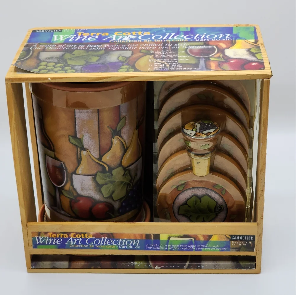 Terra Cotta Wine Art Collection Set Wine Chiller Bottle‎ Topper And Coasters NEW